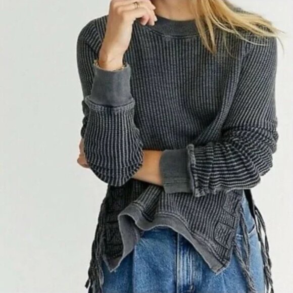 FP One Cropped Interlaken Top Sz M Side Tie Waffle Knit Gray Grunge Long Sleeves - Picture 1 of 9